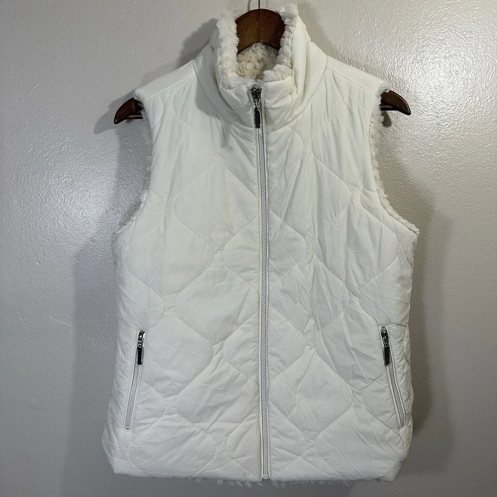 NWOT CJ BANKS Women's Reversible Petite Medium White Quilted Puffer Vest
